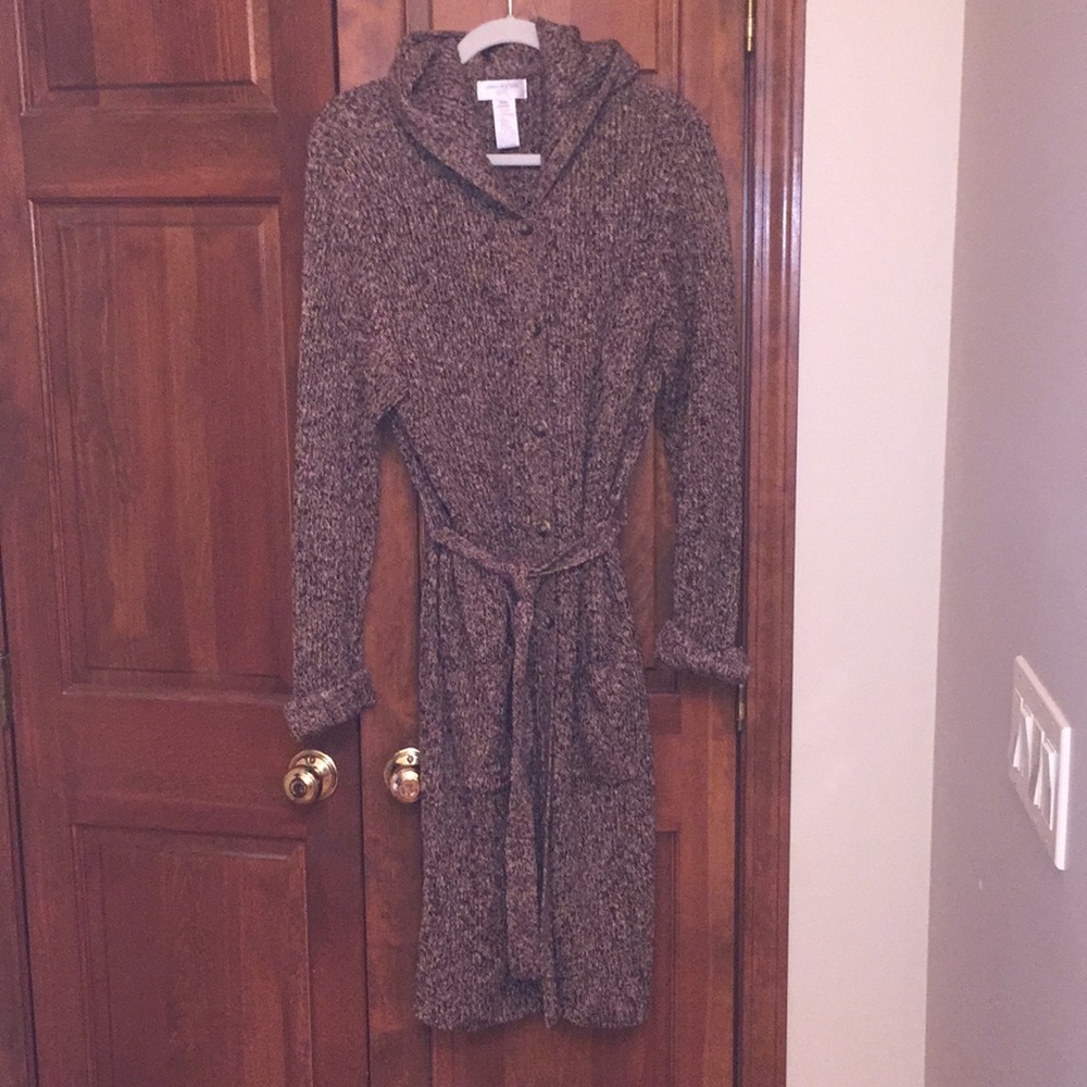 Hooded Buttoned & Waist Tie Long Knit Cardigan